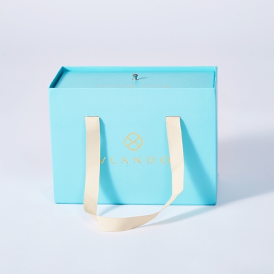 Luxury Packaging Blue Sliding Drawer Box Customize Bags Gift Box Package With Ribbon Handle